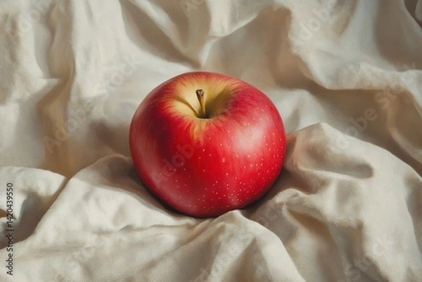 Fototapeta 
A whole red apple with a glossy surface, placed delicately on crumpled linen cloth, set against a neutral background, highlighting its natural shine and simplicity


