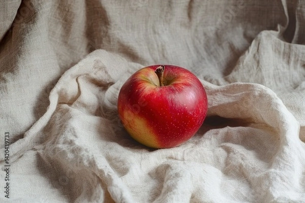 Fototapeta 
A whole red apple with a glossy surface, placed delicately on crumpled linen cloth, set against a neutral background, highlighting its natural shine and simplicity

