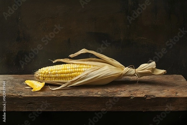 Fototapeta A whole sweet corn with husk partially opened, resting on a rustic wooden plank, showcasing its natural texture and earthy, farm-fresh appeal

