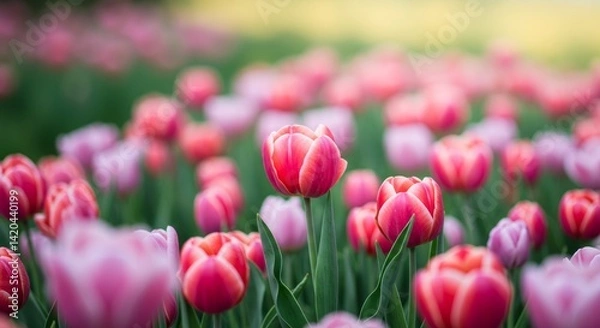 Obraz Vibrant tulip field in full bloom, showcasing the beauty of spring with a diverse range of pink and red petals
