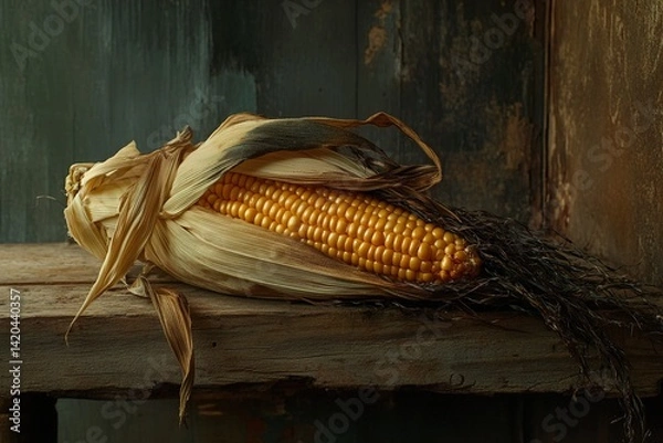 Fototapeta A whole sweet corn with husk partially opened, resting on a rustic wooden plank, showcasing its natural texture and earthy, farm-fresh appeal

