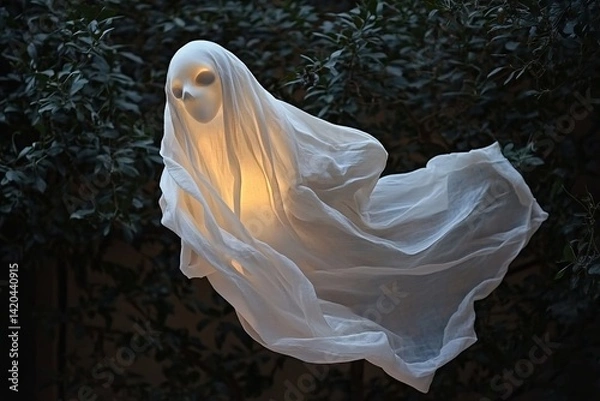 Fototapeta A floating ghost decoration made of soft fabric, gently glowing from within, creating a hauntingly beautiful and ethereal atmosphere perfect for Halloween or spooky settings


