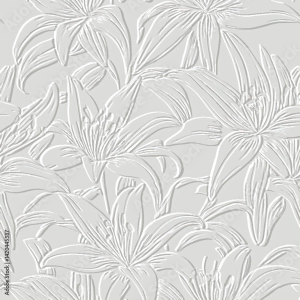 Obraz 3d Emboss textured hand drawn floral line art pattern with exotic tropical lily flowers, leaves. Vector embossed white background. Surface beautiful ornaments. 3d relief grunge texture. Illustration.