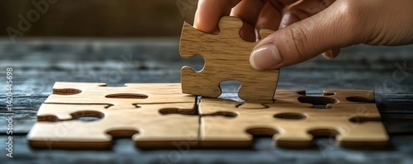 Fototapeta A concept highlighting the decision-making process and logical thinking, with a hand holding and placing the final piece of a wooden 