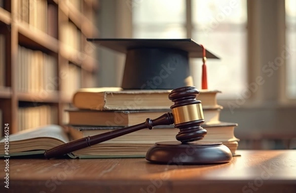 Fototapeta Concept of legal education, justice. Judge gavel, mortarboard on books at university library. Symbols of jurisprudence, learning, degree, law school graduation. Judicial system concept.