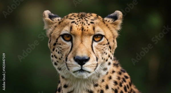Fototapeta Mesmerizing portrait of a cheetah, an intense gaze amidst lush foliage