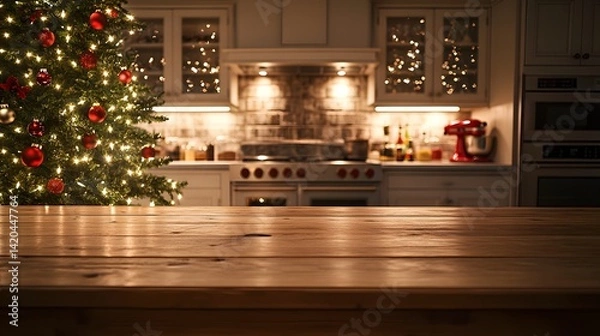 Fototapeta Festive kitchen backdrop with empty wooden table in foreground, Christmas tree and twinkling lights creating a warm, cozy atmosphere for holiday cooking and gatherings