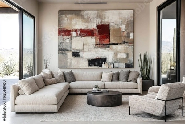 Fototapeta Minimalist living room with neutral-toned furniture, a large abstract art piece on the wall, and soft natural light creating a calm, airy, and serene atmosphere

