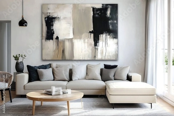 Fototapeta Minimalist living room with neutral-toned furniture, a large abstract art piece on the wall, and soft natural light creating a calm, airy, and serene atmosphere

