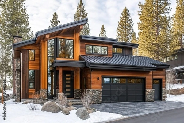 Fototapeta Contemporary barn-style house with striking black metal roofing, natural wood siding, and a harmonious blend of rustic and modern architectural elements for a timeless appeal

