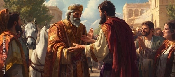 Fototapeta Depicts Melchizedek, a mysterious figure in the Old Testament, known as the King of Salem and priest of God Most High, who blesses 