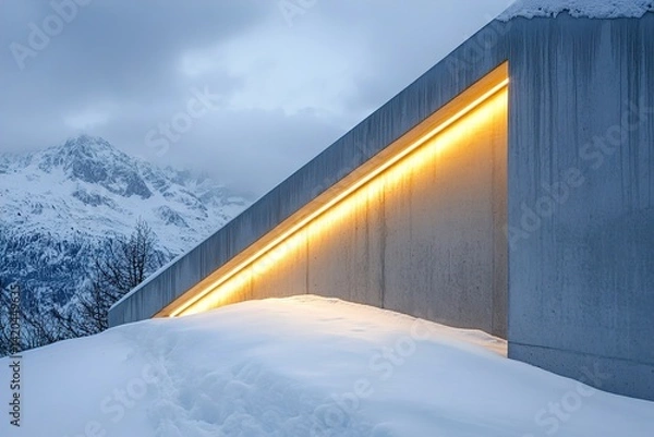 Fototapeta Modern minimalist concrete house featuring ambient embedded lighting strips, seamless architectural surfaces, and sleek design elements enhancing nighttime aesthetic and structural elegance

