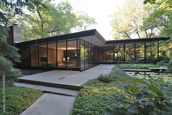 Fototapeta A sleek modern house exterior featuring expansive glass panels, a flat roofline, and understated minimal landscaping for a clean and sophisticated architectural look


