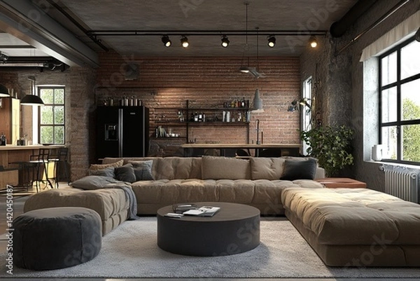 Fototapeta A stylish modern loft living area showcasing exposed brick walls, industrial pendant lighting, and a harmonious blend of neutral-toned decor and minimalist furnishings

