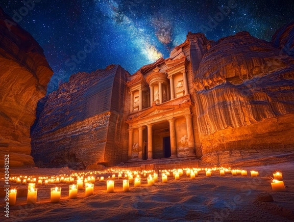 Fototapeta The ancient Treasury of Petra in Jordan illuminated at dusk