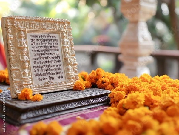 Fototapeta Bhagavad Gita with Sanskrit text on decorated altar with marigold flowers , mirroring soft innovation