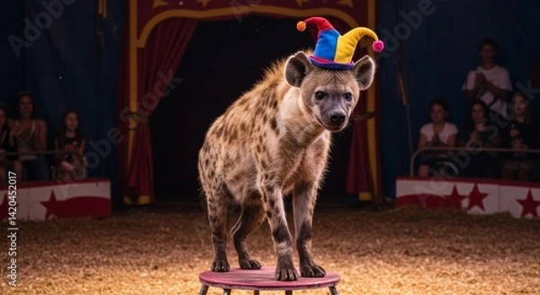 Fototapeta Hyena balances on stool wearing a colorful jester hat during circus show