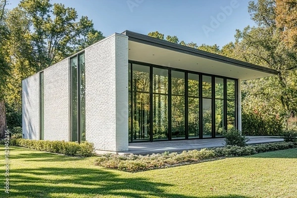 Fototapeta A rectangular modern building featuring vertical glass windows and a sleek white brick exterior, blending contemporary lines with minimalist architectural expression

