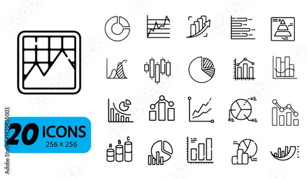 Fototapeta Set of 20 Chart and Graph Icons, Outline Style, 256x256 Pixels