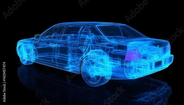 Fototapeta Blue hologram ordinary car, car structure, side view, black background , imbued with refined subtlety