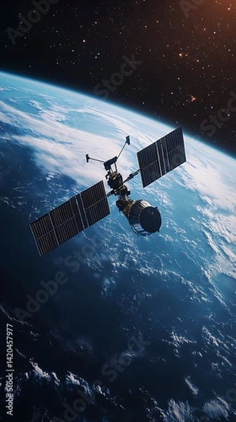 Fototapeta Satellite in space transmitting data with network connections