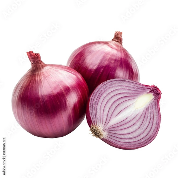 Fototapeta Fresh red onions and a slice isolated on a clean transparent background, highlighting their vibrant color and texture, fresh red onion isolated on transparent background