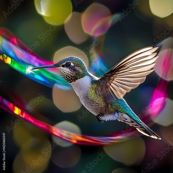 Obraz Dynamic hummingbird flying fast with radiant rainbow trails.