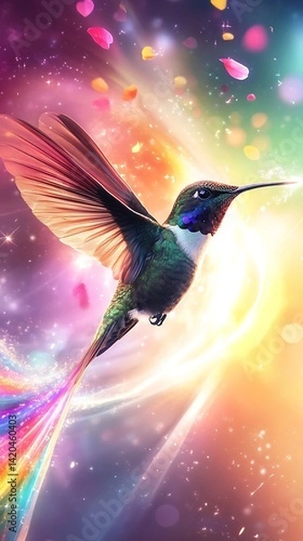 Obraz Fast-moving hummingbird with radiant beams of colorful light.