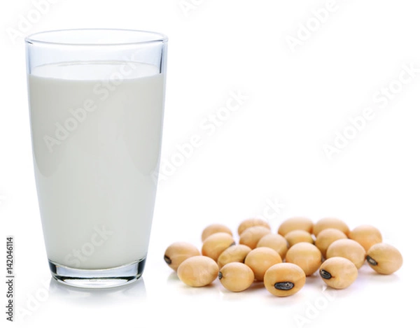 Fototapeta milk with soy beans on white background