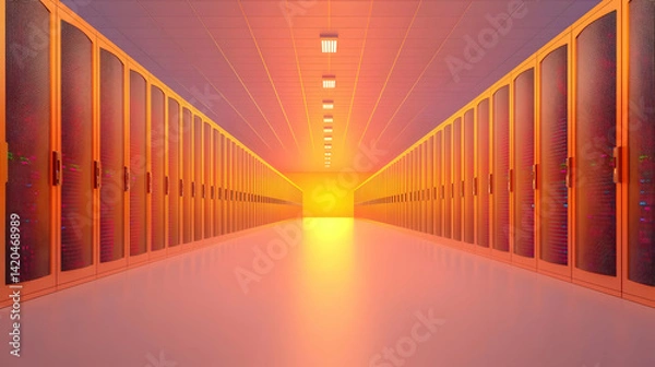 Obraz Secure Data Center with Illuminated Pathway and Server Racks