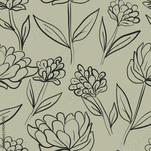 Fototapeta Seamless floral pattern featuring hand-drawn line art flowers and leaves on a bold  background. This elegant botanical design combines sketchy outlines and minimalist shapes, perfect for textile 