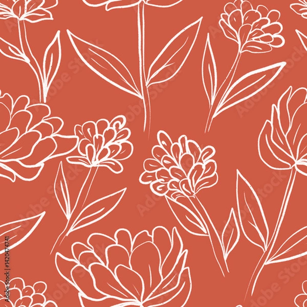 Fototapeta Seamless floral pattern featuring hand-drawn line art flowers and leaves on a bold  background. This elegant botanical design combines sketchy outlines and minimalist shapes, perfect for textile 