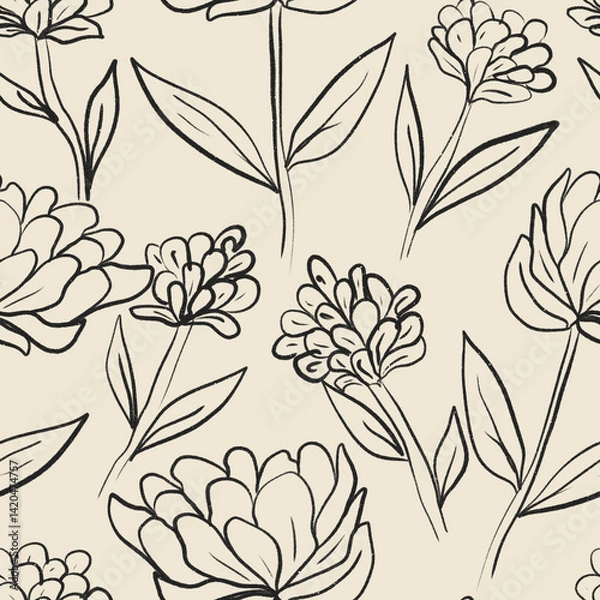 Obraz Seamless floral pattern featuring hand-drawn line art flowers and leaves on a bold  background. This elegant botanical design combines sketchy outlines and minimalist shapes, perfect for textile 
