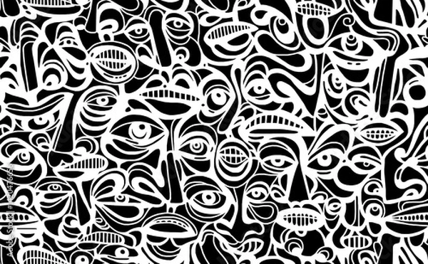 Obraz Black and white pattern on a white background with highlighted red cartoon faces, abstract design.Seamless drawing.	
