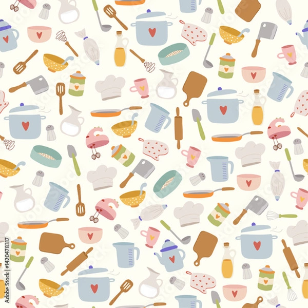 Fototapeta Cute hand drawn vector pattern of kitchen elements in doodle style.  Colourful cooking accessories and equipments background. Backdrop for textile and paper