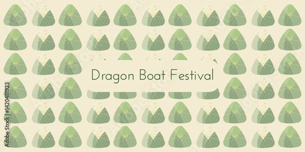 Obraz Dragon Boat Festival background with zongzi, rice, bamboo leaves and pattern light green color. Vector illustration for Duanwu Festival