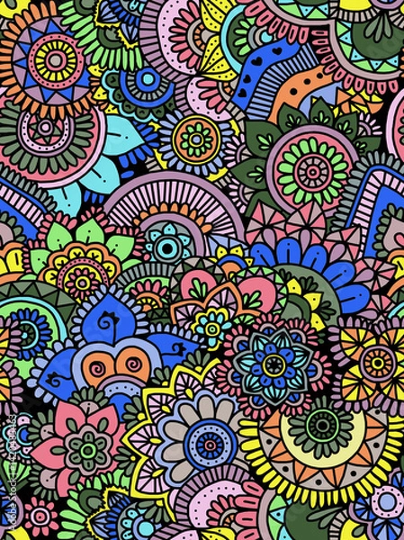 Obraz A black and white drawing of flowers painted in bright colors drawn by hand.Seamless pattern.	
