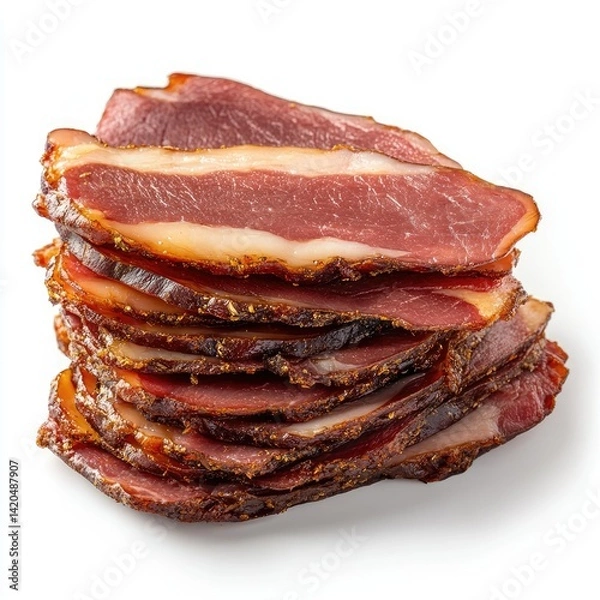 Obraz Stack of sliced cured meat with visible fat on a plain white background