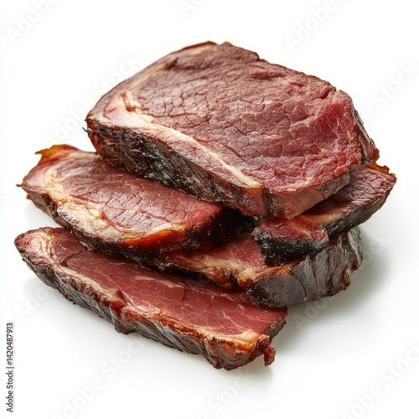 Obraz A stack of three slices of cooked meat on a white background surface