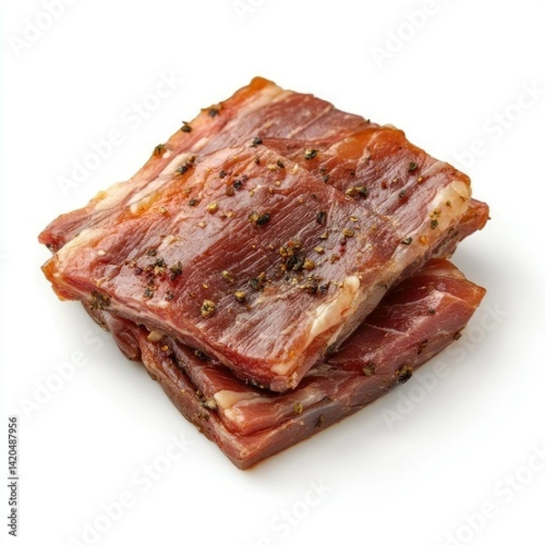 Obraz Close up of three seasoned pieces of meat stacked on a white surface