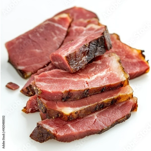 Obraz A close up shot of several slices of cured meat stacked on each other