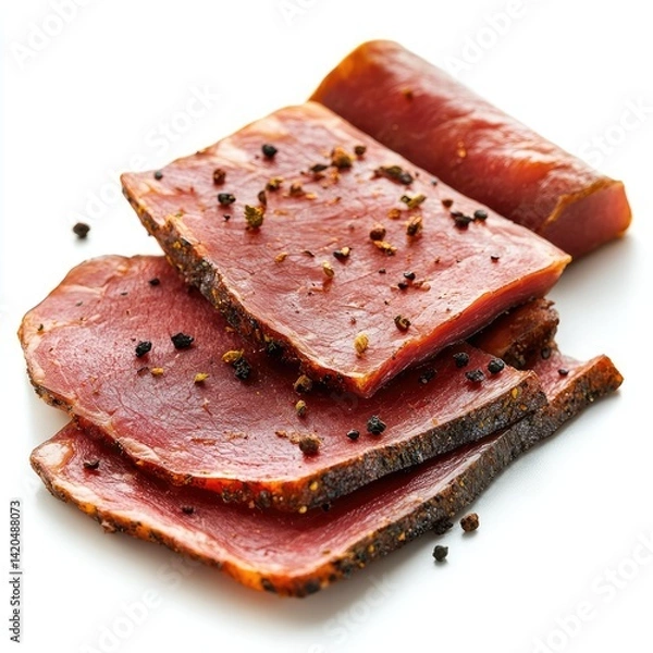 Obraz Close up of seasoned sliced meat on a white background studio shot