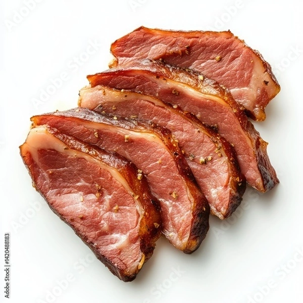 Obraz Close up of sliced cured meat arranged on a white surface for display