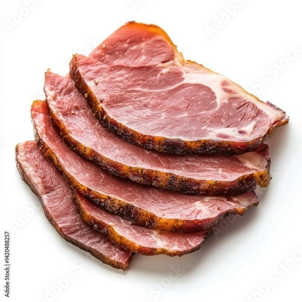 Obraz Close up of several slices of cured meat stacked on a white background