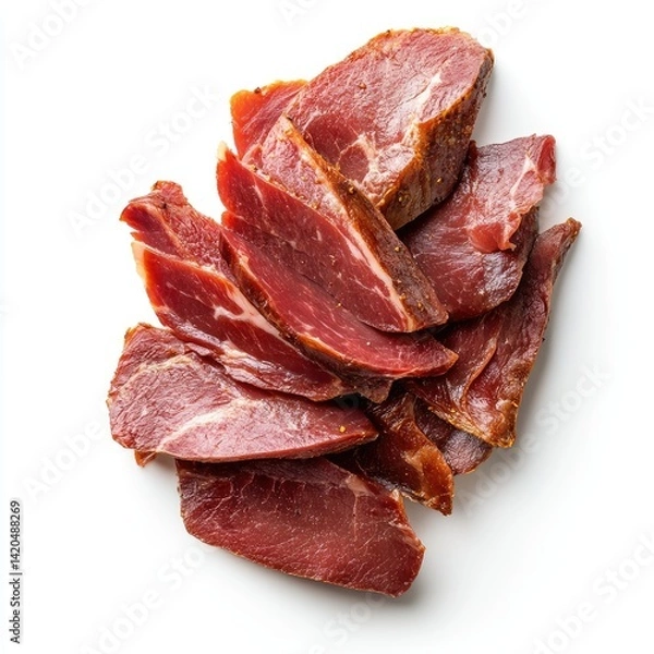 Obraz Close up shot of a pile of sliced cured meat on a white background