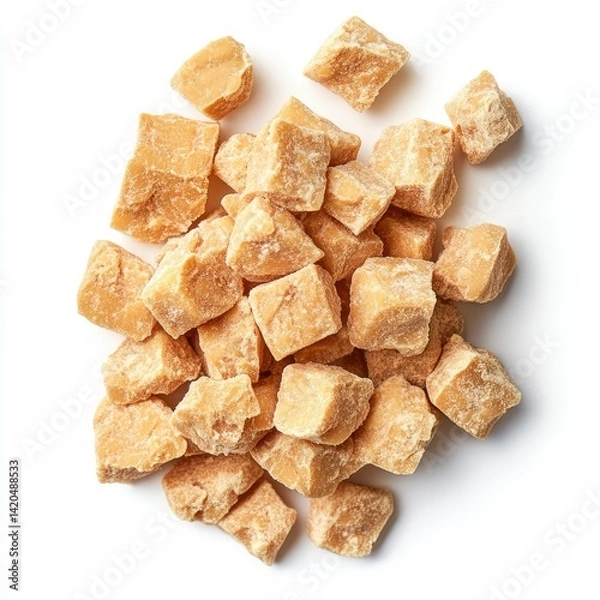 Obraz A scattered pile of jaggery cubes on a white surface, top down view