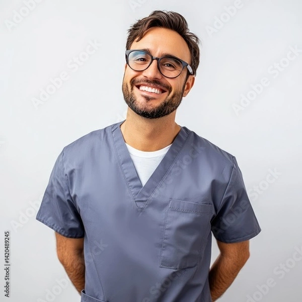 Obraz Portrait of a smiling man in scrubs with glasses against white background