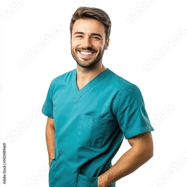 Obraz A smiling man in teal scrubs with hands in pockets on a white background