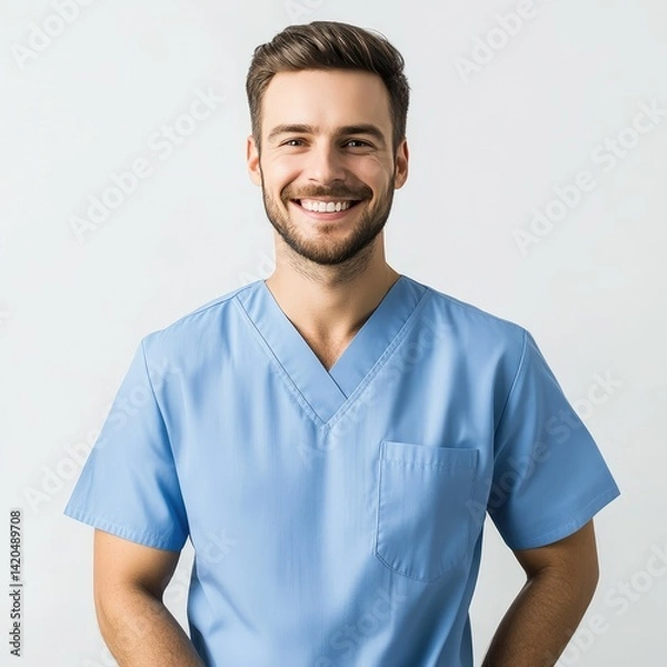 Obraz Smiling man in blue scrubs posing against a white background studio shot