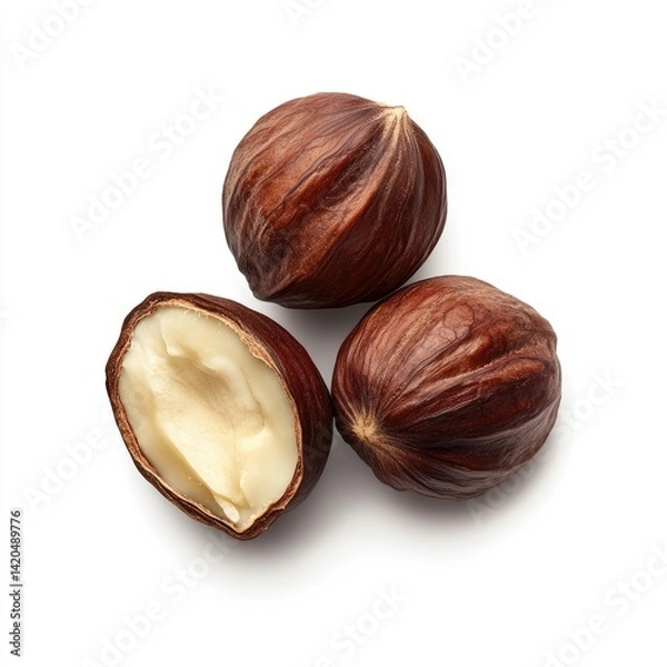 Obraz A top view of three macadamia nuts, one cut in half, on a white surface